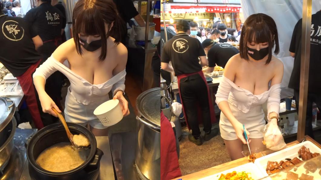 正妹店員的上圍快衝破衣服。(圖/翻攝自黑男邱比特YouTube)