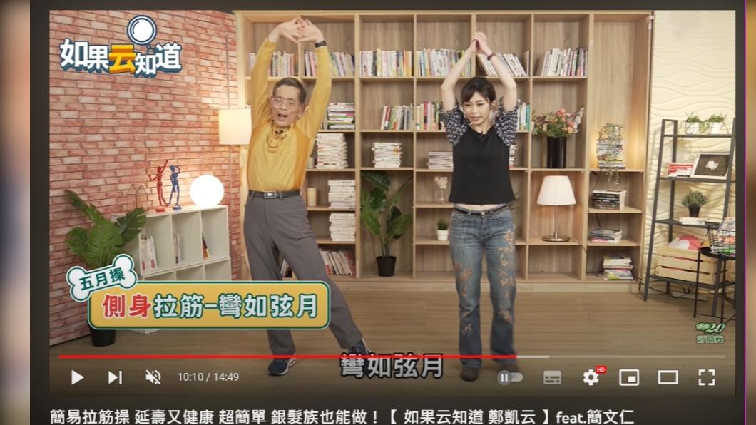 「側身-彎如弦月」挺身站好,雙手反掌在頭頂上交叉。(圖/翻攝自健康2.0 YouTube)
