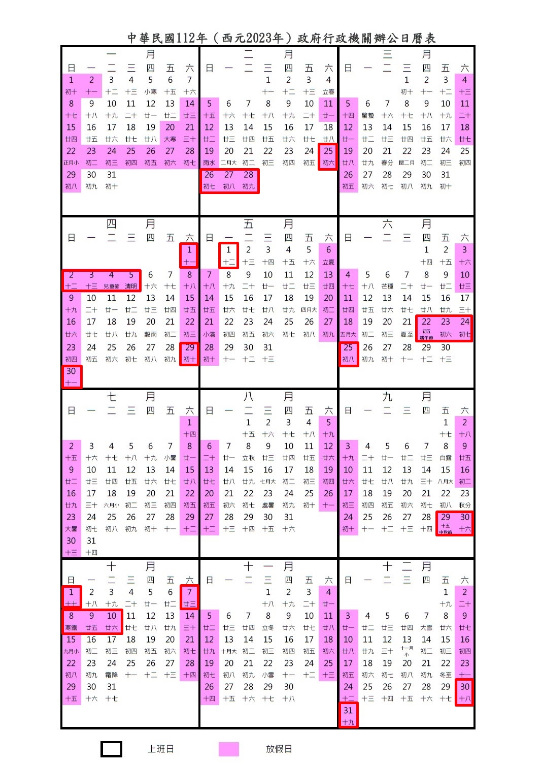 今年有7大連假,總共有26天(紅框處)。(圖經處理/行政院)