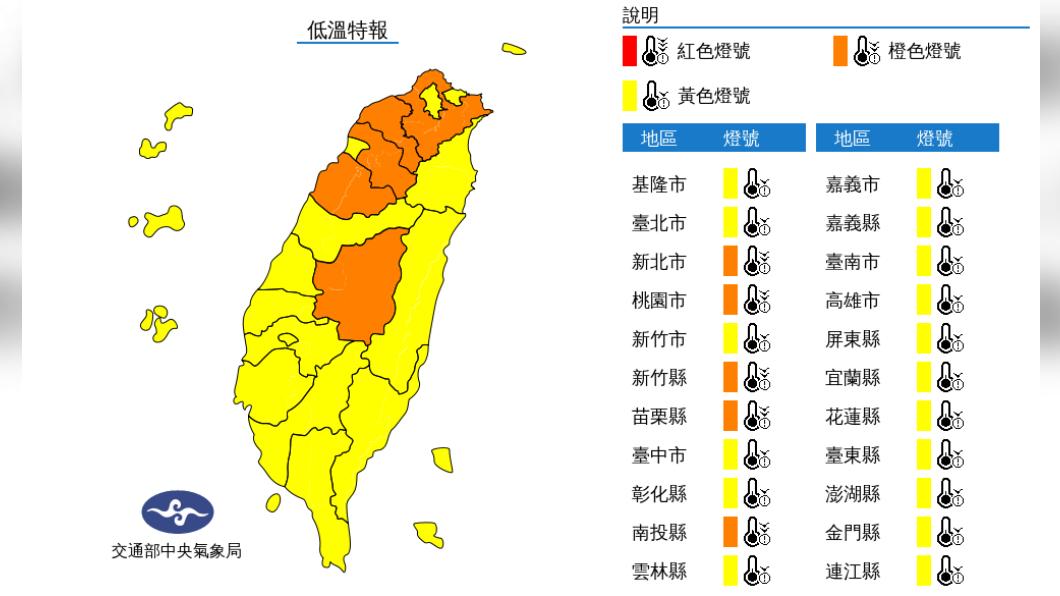 氣象局針對22縣市發布低溫特報。（圖／氣象局）