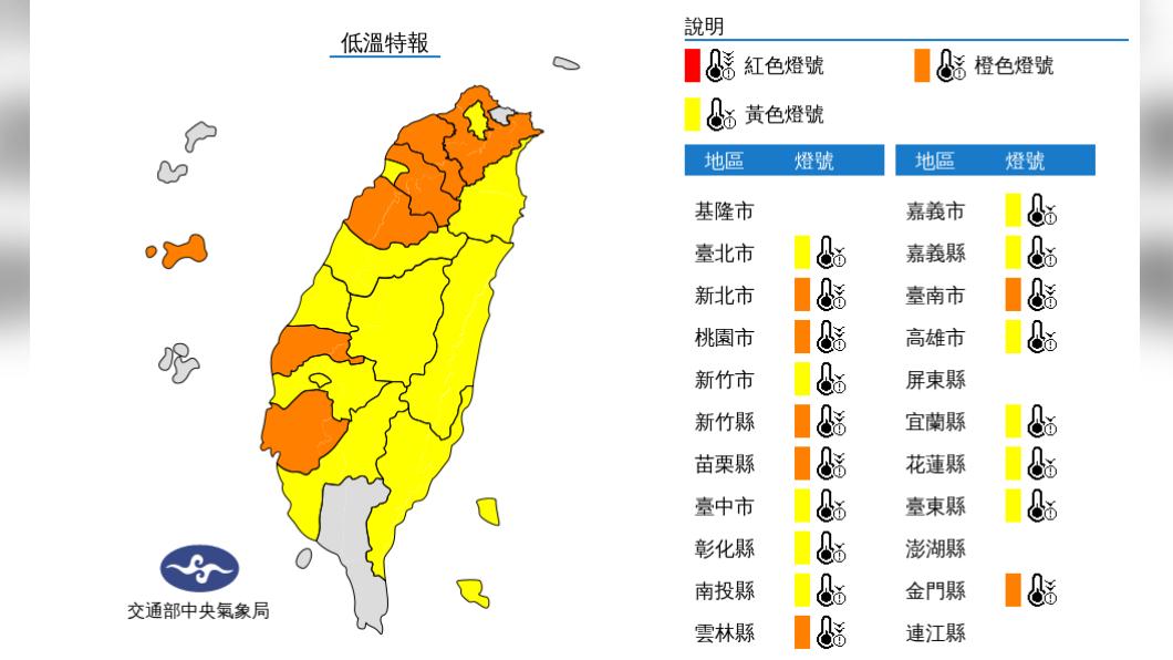 氣象局針對全台18縣市發布低溫特報。(圖/氣象局)