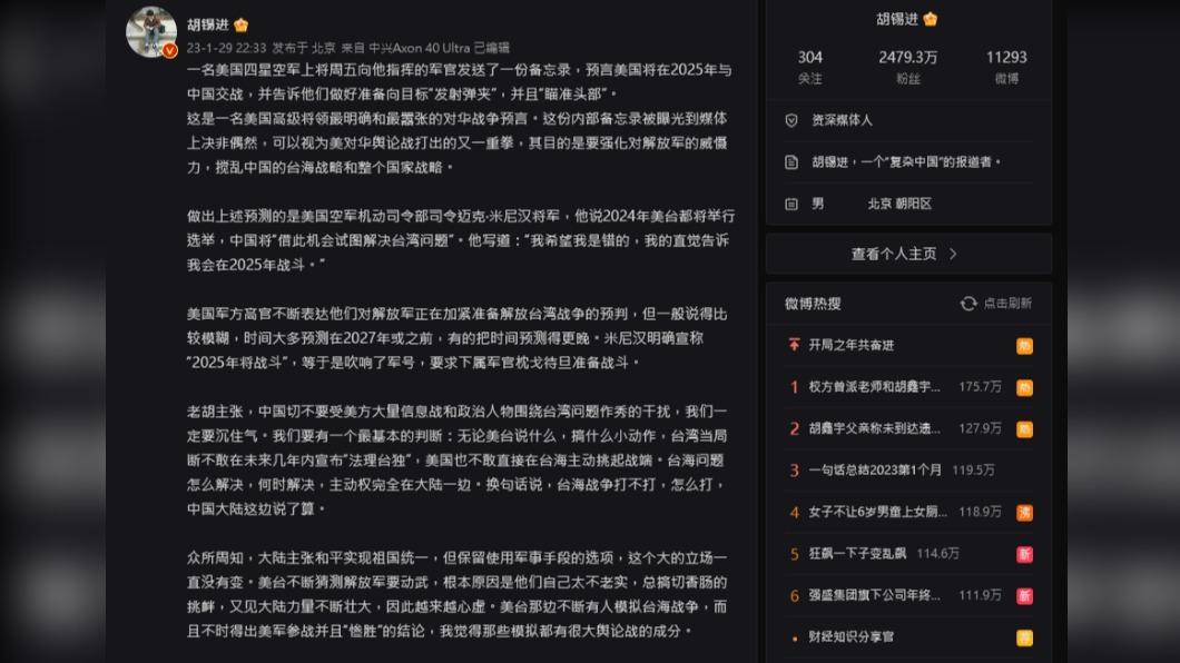 大陸《環球時報》前總編輯胡錫進再次對台海議題發言。（圖／翻攝自微博）