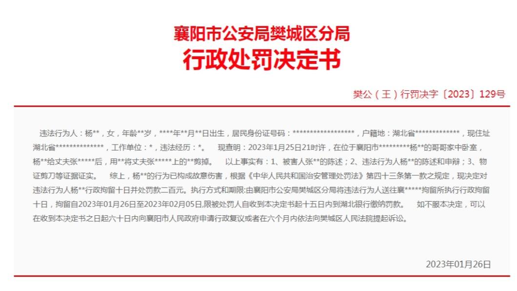 襄陽市公安局樊城區分局公開處罰書。(圖/翻攝自襄陽市公安局樊城區分局)