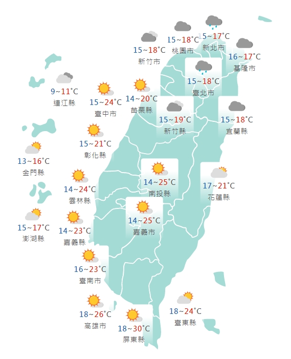 各縣市氣溫特報。(圖/中央氣象局)