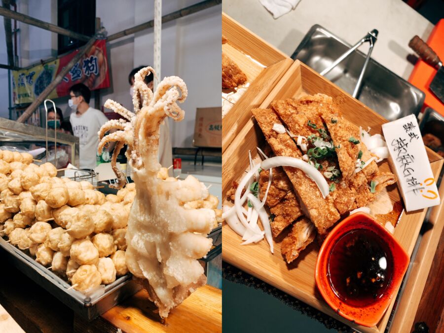 「轟炸魷魚新記煎餃」炸魷魚與花枝丸、「Thaichibar泰式炸雞」泰式椒麻雞排。(圖/水水生活提供)