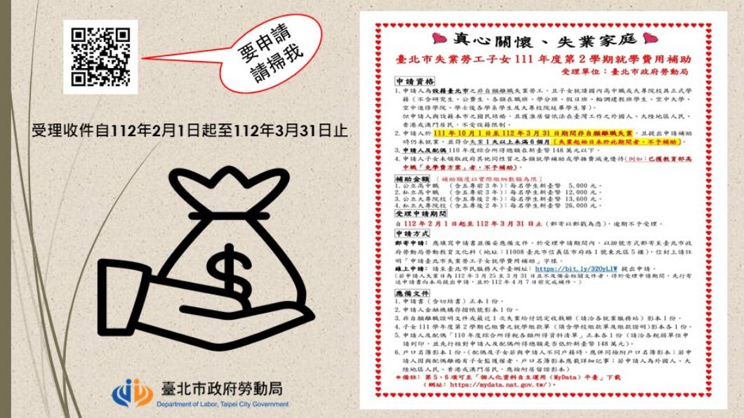 北市失業勞工子女學費補助受理收件至3月31日止。(圖/台北市勞動局)