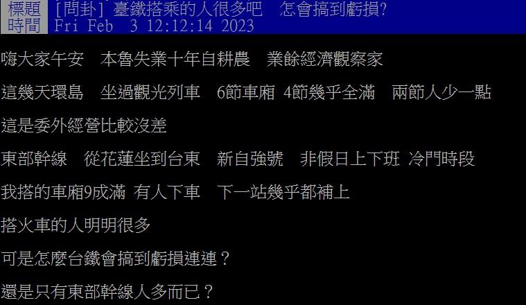 網友不解為何台鐵很多人搭還會虧損。(圖/翻攝自PTT)