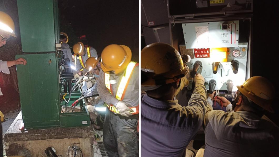 台電人員在夜晚摸黑新設、擴增變壓器。(圖/台電提供)