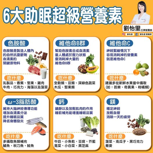 6大助眠營養素。(圖/翻攝自營養師劉怡里臉書)