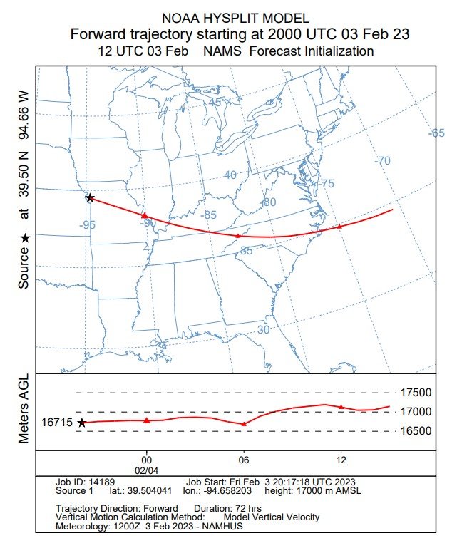 NOAA預測間諜氣球的動向。(圖/翻攝自@wildweatherdan Twitter)