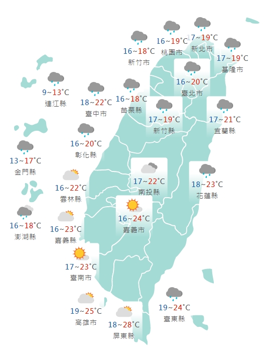 各縣市天氣預報。(圖/中央氣象局)
