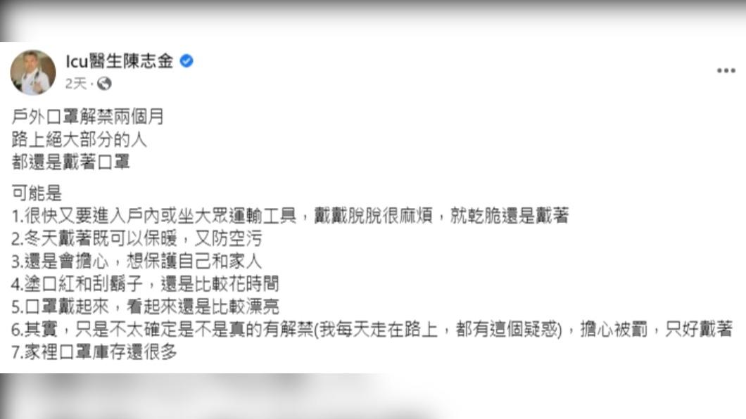 陳志金發文談「戴口罩」。(圖/翻攝自Icu醫生陳志金臉書)