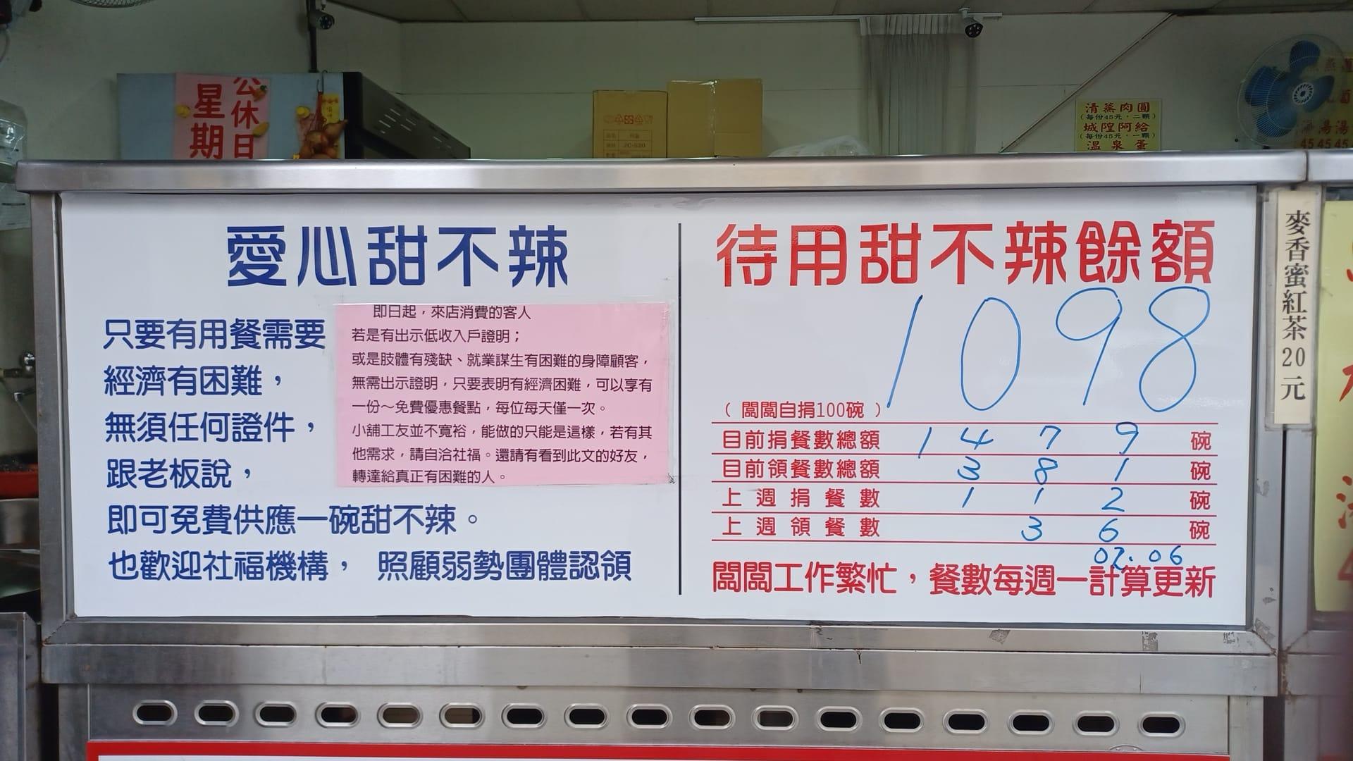 老闆提供愛心待用餐,幫助同樣弱勢的民眾。(圖/翻攝自城隍廟口甜不辣粉專)