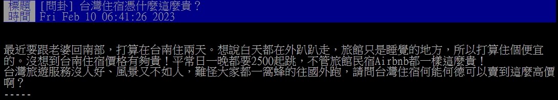 網友疑惑發文「台灣住宿憑什麼這麼貴?」。(圖/翻攝自PTT)