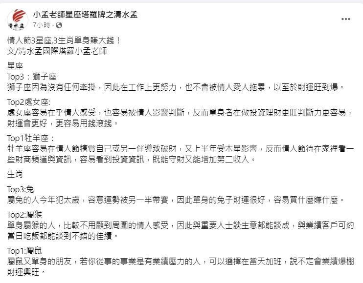 圖/翻攝自小孟老師星座塔羅牌之清水孟臉書