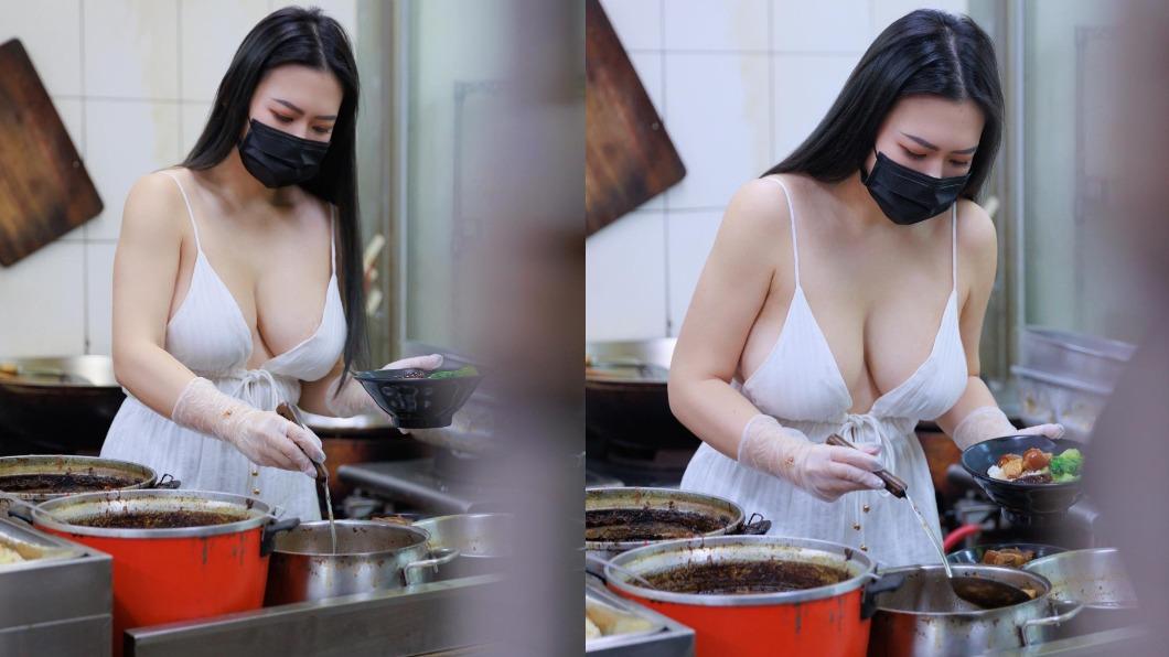 正妹店員身穿白色低胸洋裝,大方秀出深邃事業線。(圖/翻攝自「@nina_loveu」推特)