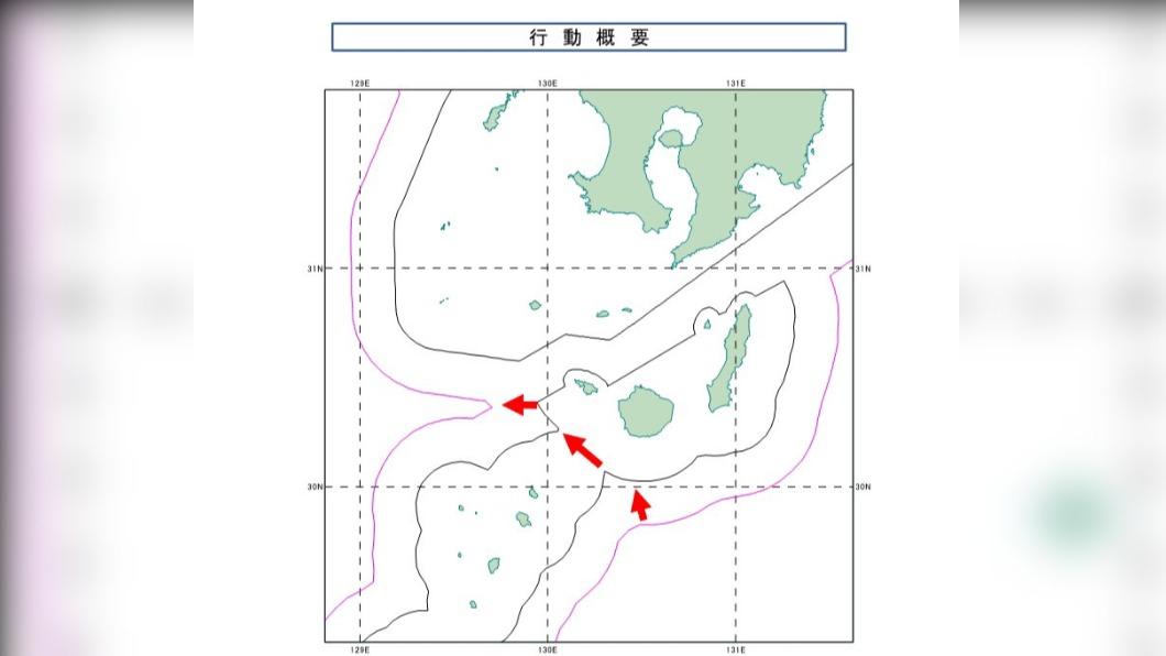 日本防衛省公布的中國船艦航行路線。(圖/翻攝自防衛省推特)