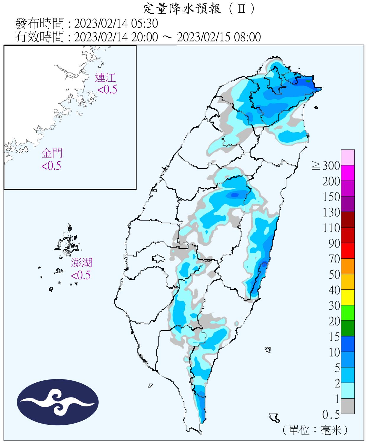 今日中部以北、東半部及南部山區易有降雨,明日西半部漸轉乾。(圖/氣象局)
