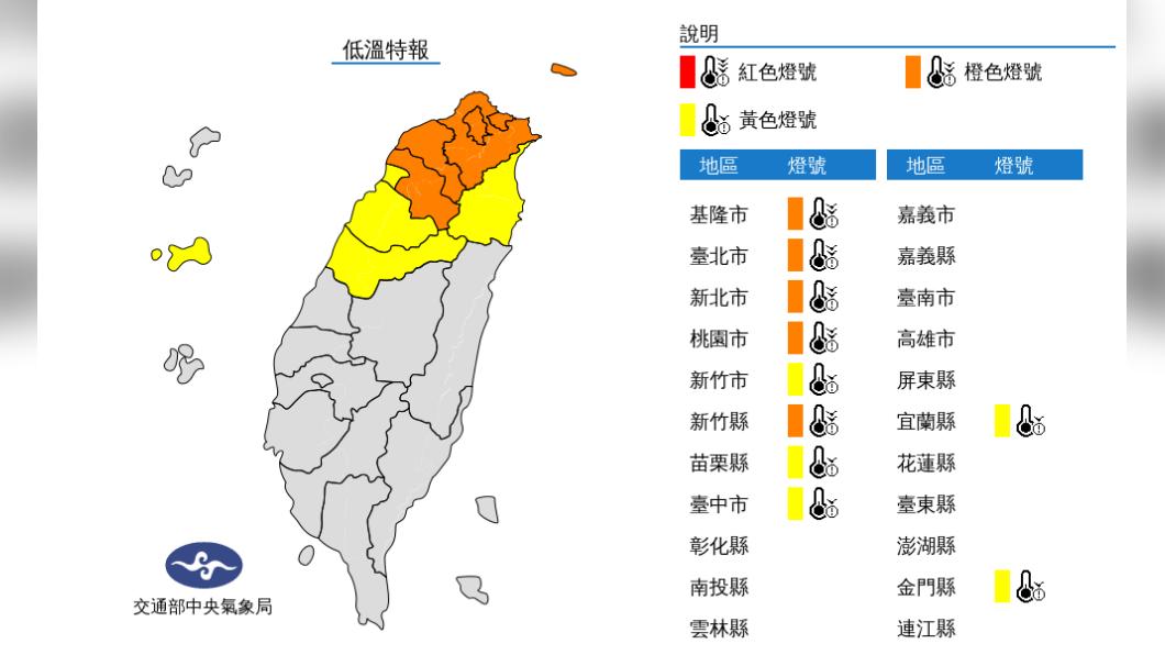 氣象局發布低溫特報。(圖/翻攝氣象局官網)