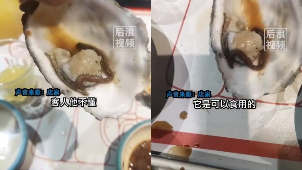 男子在生蠔裡面驚見一條蟲。(圖/翻攝自微博)