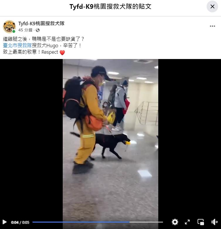 繼雞腿之後,黃色鴨鴨可能也要缺貨了。(圖/翻攝自臉書Tyfd-K9桃園搜救犬隊)