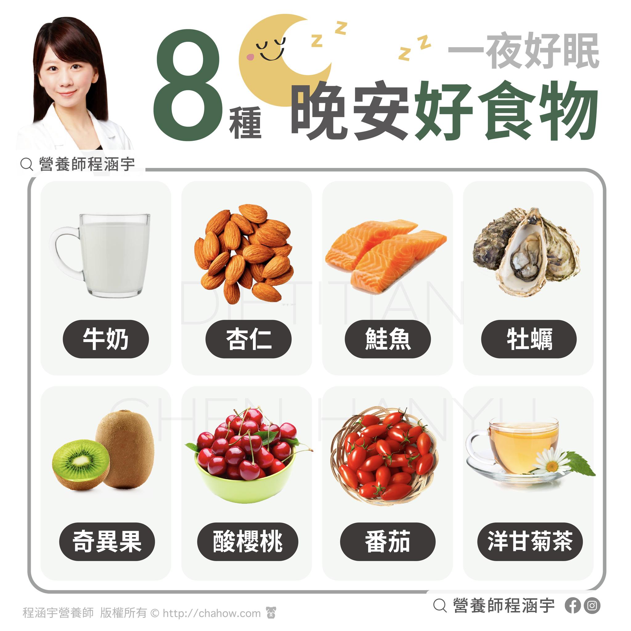8種一夜好眠食物。（圖／翻攝自程涵宇營養師臉書）