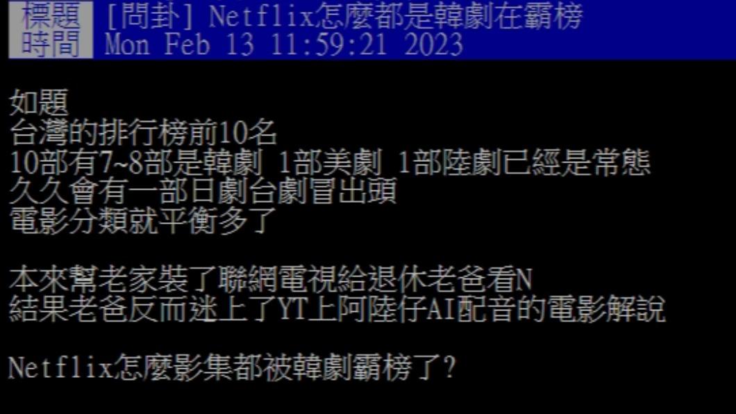 網友在PTT發文詢問「Netflix怎麼影集都被韓劇霸榜了?」(圖/翻攝自PTT)
