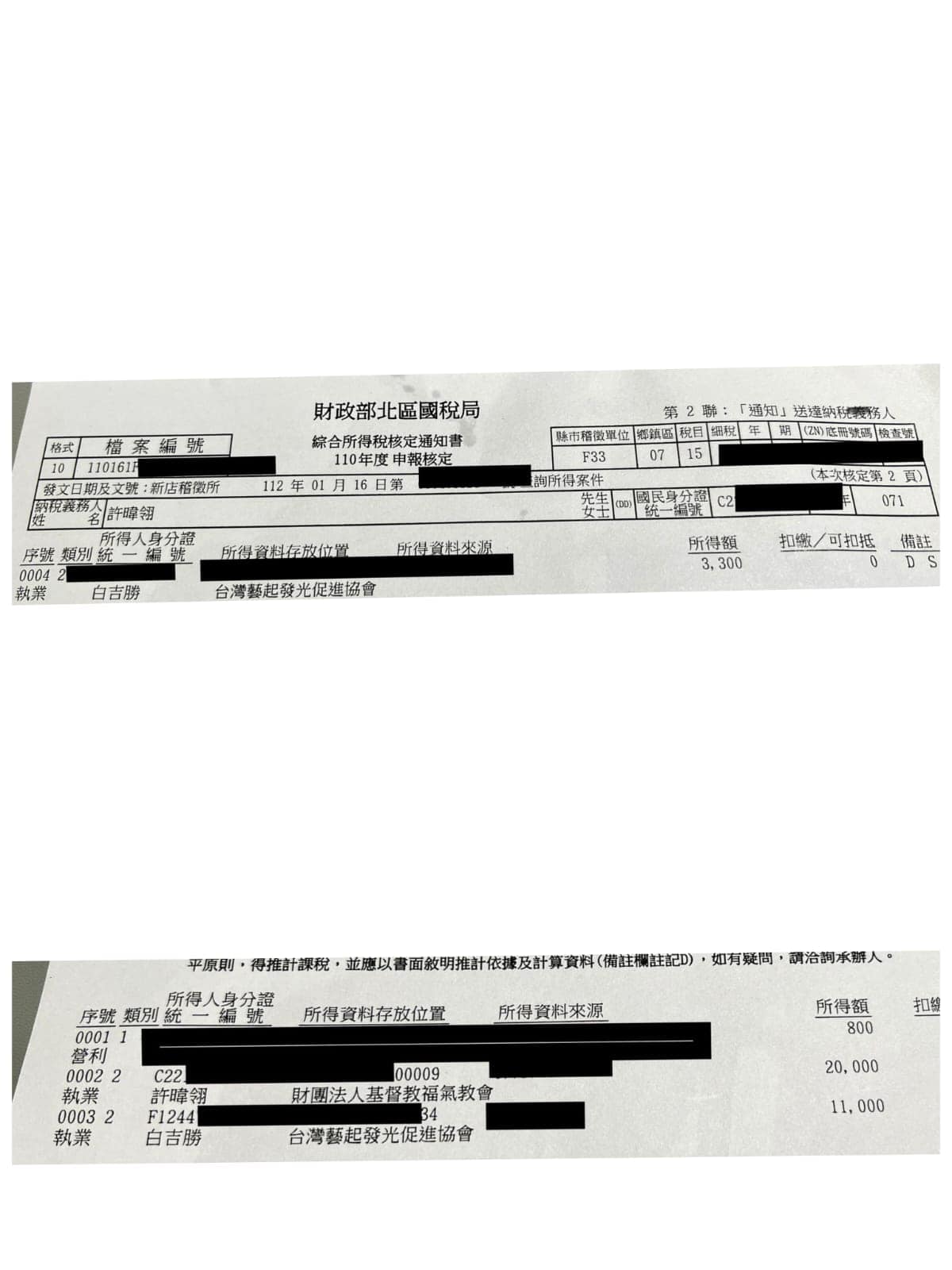 國稅局通知書。(圖/翻攝自阿Ben臉書)