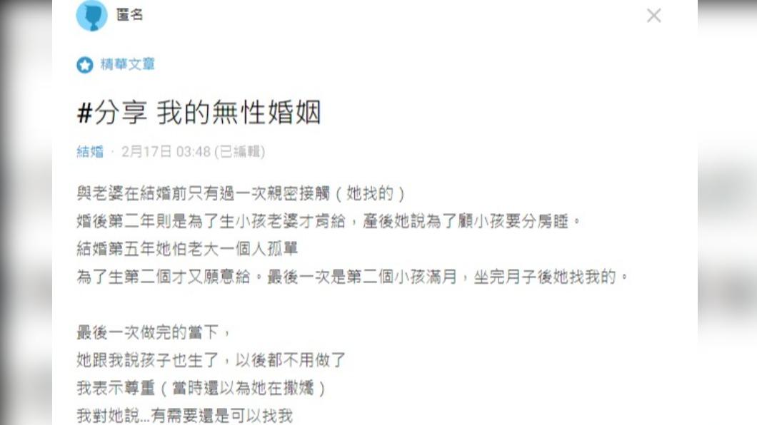 網友表示,與老婆婚後的親密接觸不到20次。(圖/翻攝自Dcard)