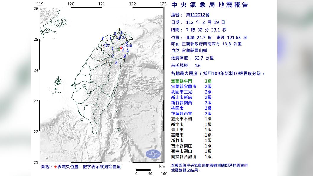 最大震度地區為宜蘭縣牛鬥3級。(圖/中央氣象局)