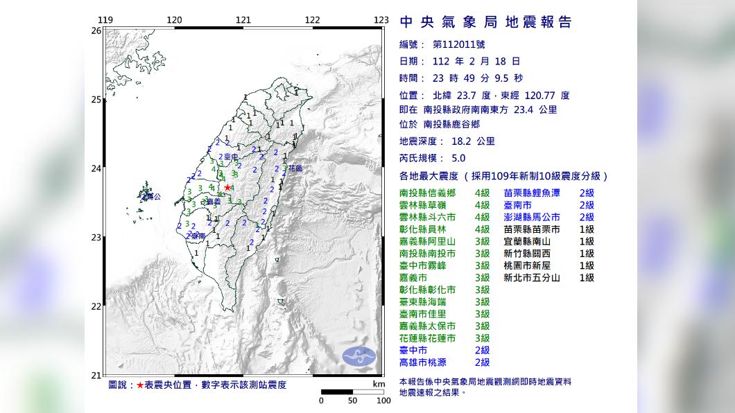 南投18日發生芮氏規模5.0有感地震。(圖/中央氣象局)