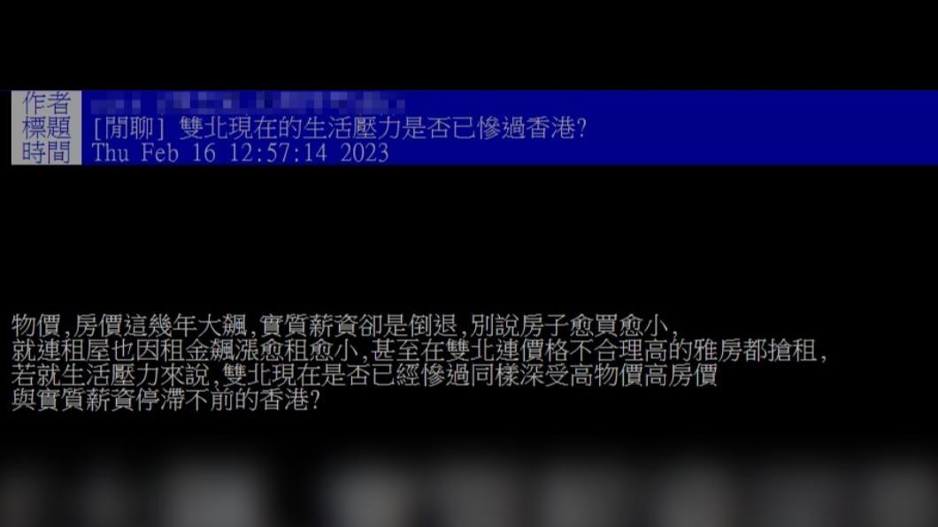 網友疑惑,網友好奇表示,住居在雙北市的生活壓力是否已比香港還要慘。(圖/翻攝自PTT)