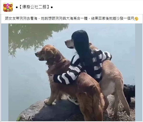 有網友表示女友希望拍一張自己和狗狗還有海合為一體的合照。(圖/翻攝自爆廢公社二館 臉書)
