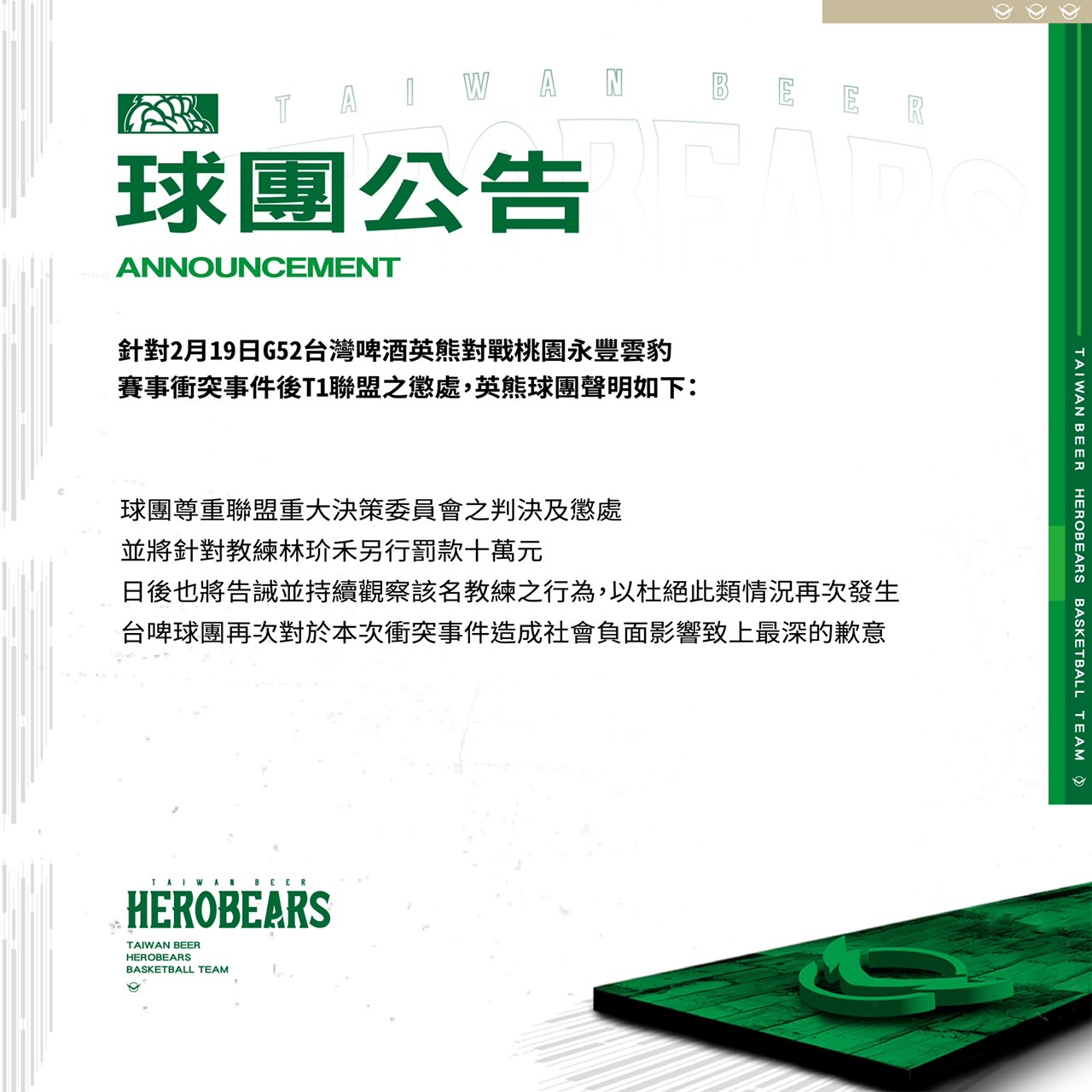 台啤英熊球團今日做出對林玠禾的懲處。(圖/台啤英熊提供)