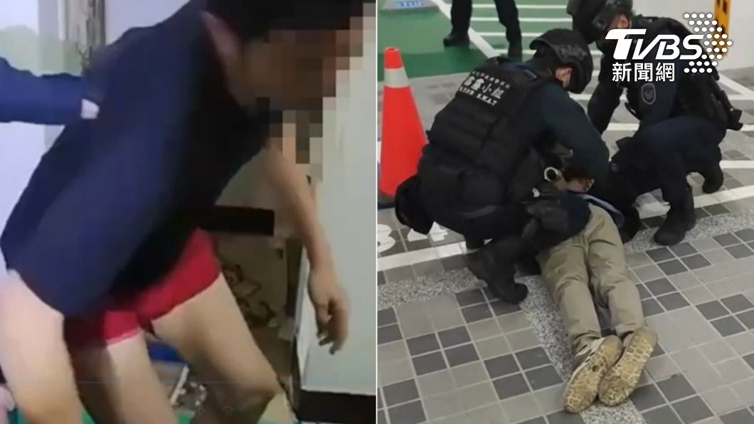 警方攻堅逮捕幫派分子,王姓主嫌落網時緊身穿一條紅內褲。(圖/TVBS)