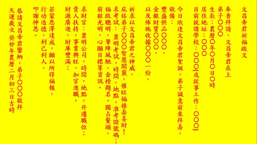 文昌帝君祈福疏文。（圖／翻攝自「旺好運」命理平台網站）