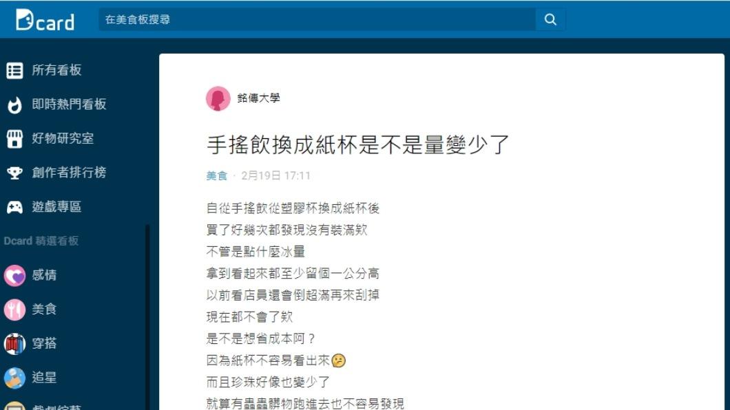 網友在Dcard上發文「手搖飲換成紙杯是不是量變少了」。(圖/翻攝自Dcard)