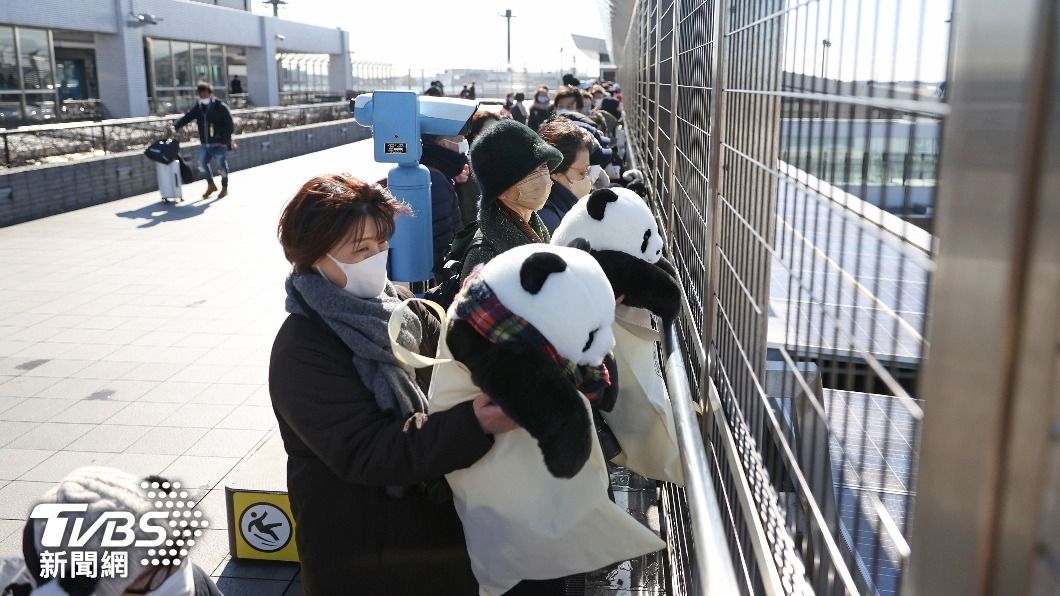 來不及或無法前往上野動物園的日本民眾，21日也聚集成田機場週邊送行貓熊香香。（圖／達志影像美聯社）