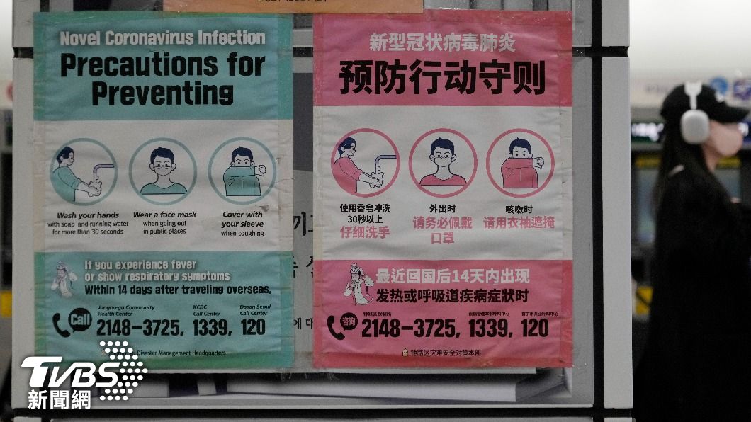 南韓仁川機場的新冠肺炎防治海報。（圖／達志影像美聯社）