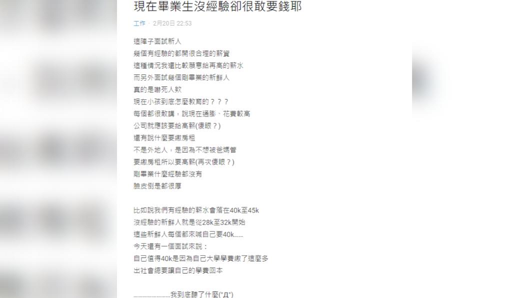 網友PO文質疑，無經驗新鮮人開40K。（圖／翻攝自Dcard）