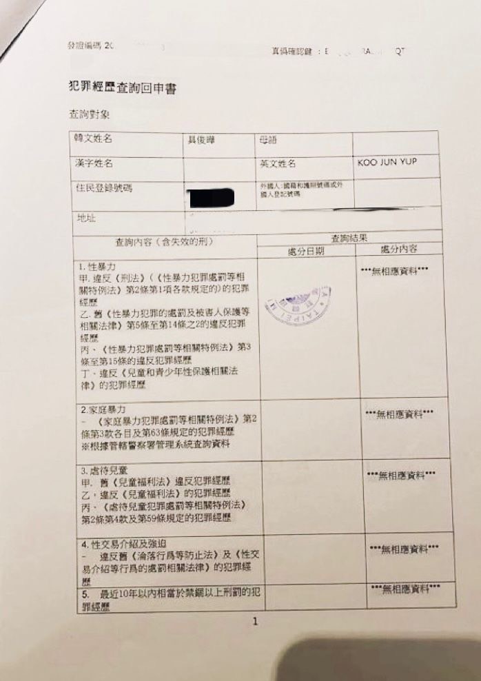 資料足以證明,具俊曄無犯罪紀錄。(圖/經紀人提供)