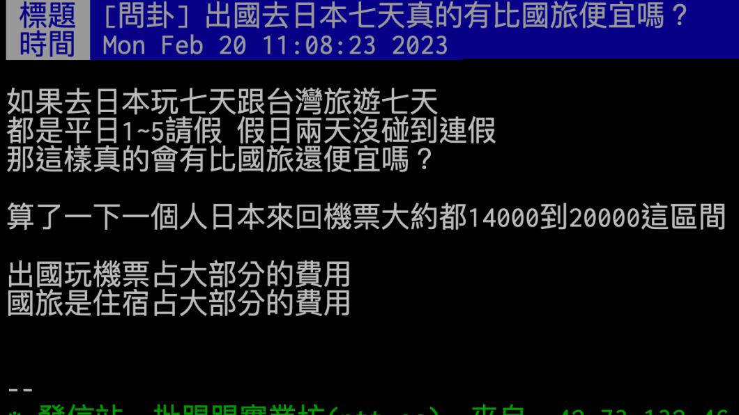 網友在PTT上發文「出國日本7天真的有比國旅便宜嗎？」。（圖／翻攝自PTT）