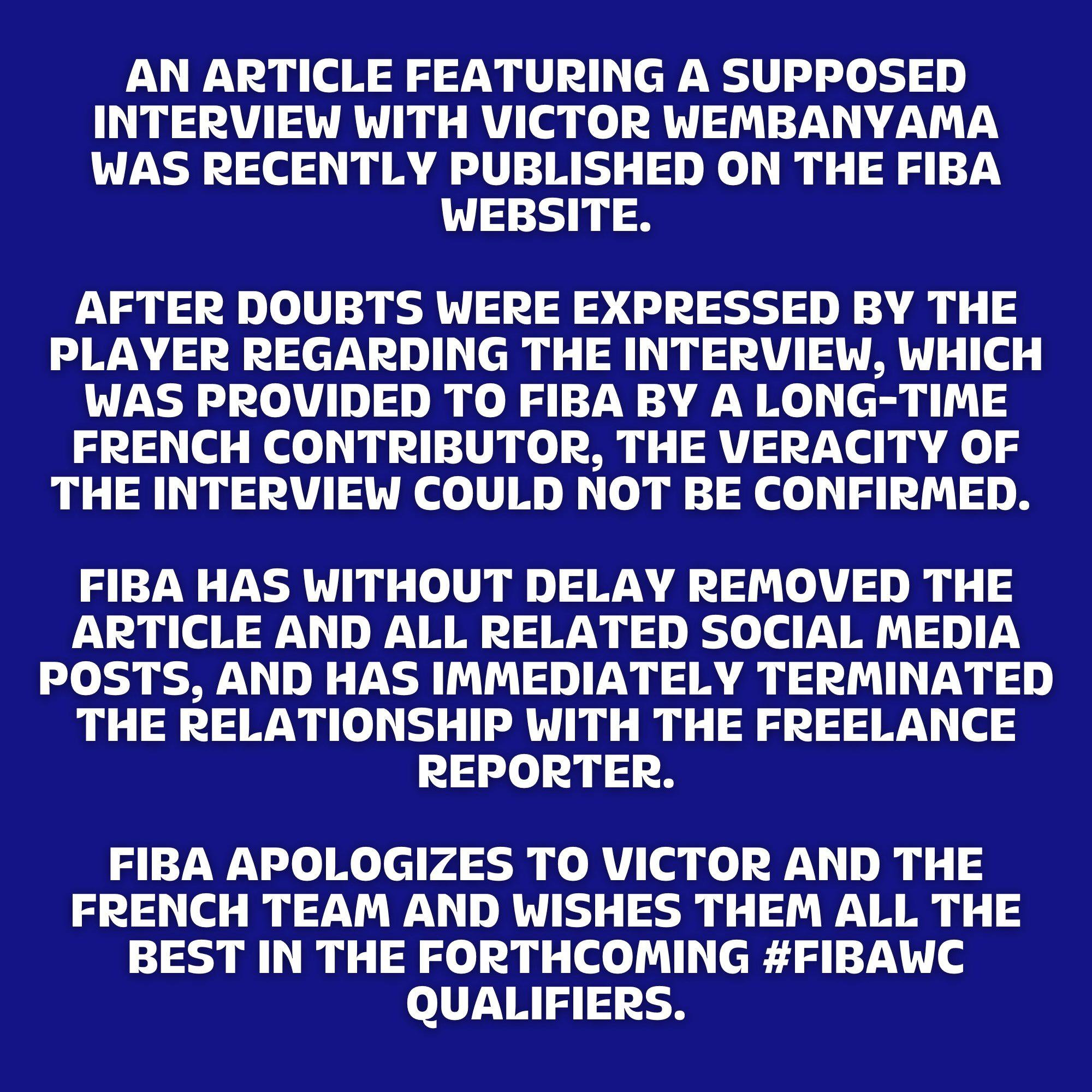 FIBA向溫班亞瑪發出道歉聲明。(圖/翻攝自FIBA推特)