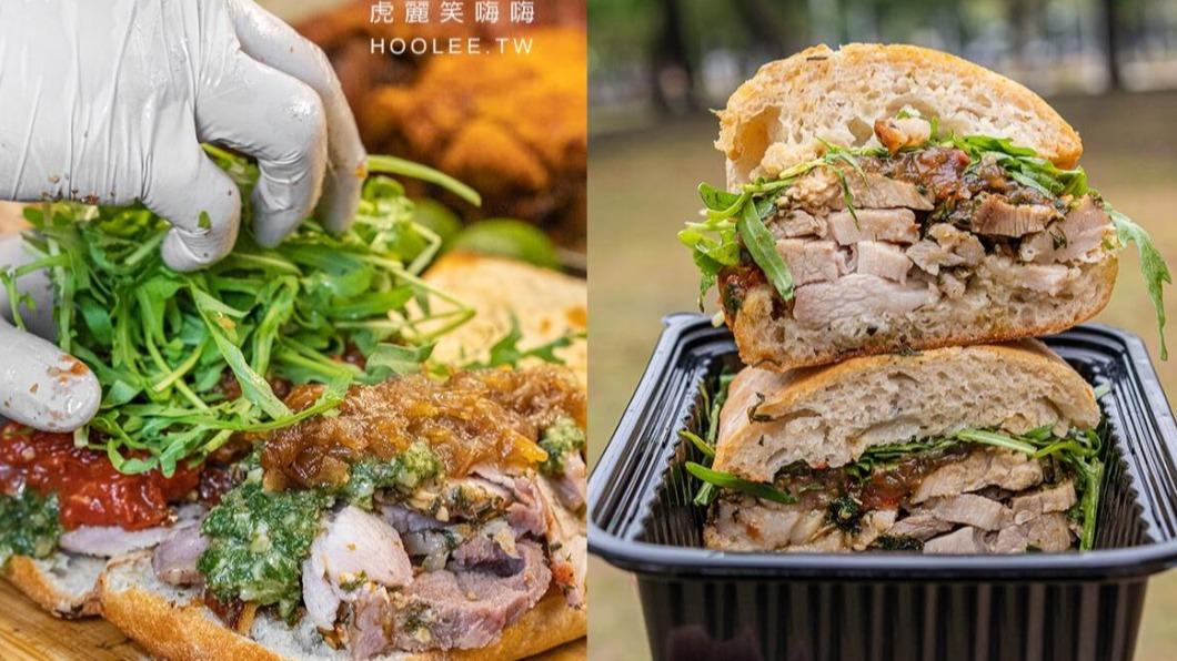 羅馬豬肉捲三明治塞滿現切豬肉、特製醬汁與大量芝麻葉。（圖／虎麗笑嗨嗨提供）  