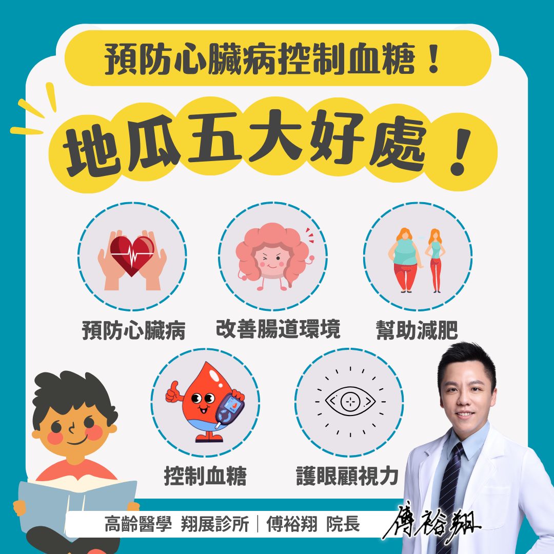 地瓜五大好處。(圖/翻攝自你的主廚醫師 傅裕翔 高齡醫學內科 新北五股成泰 長照養生抗老慢性病專業臉書)