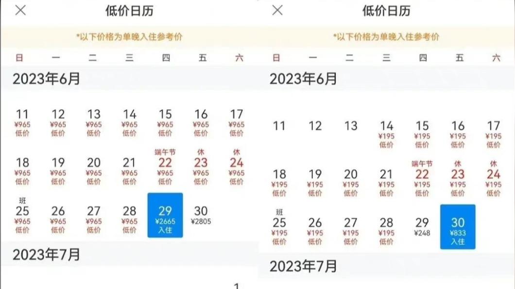 海口雅特國際會議中心酒店（左）以及楠京酒店（右）房價。（圖／翻攝自頂流研究社微博）