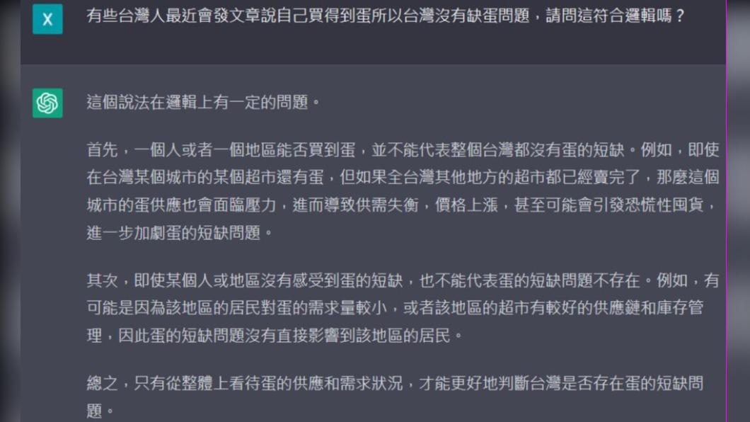 網友透過ChatGPT提問台灣缺蛋危機。（圖／翻攝自「ChatGPT生活運用」臉書）