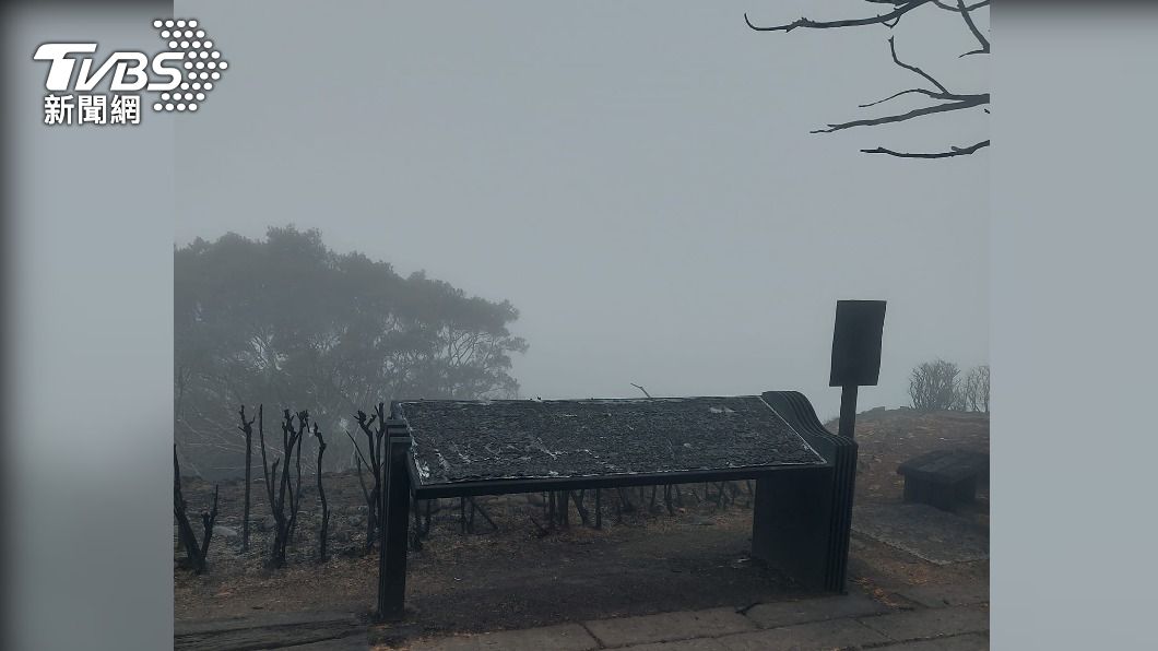 竹坑-南寮步道的景觀台,座椅,告示牌都碳化了。(畫面黃茂榮提供)