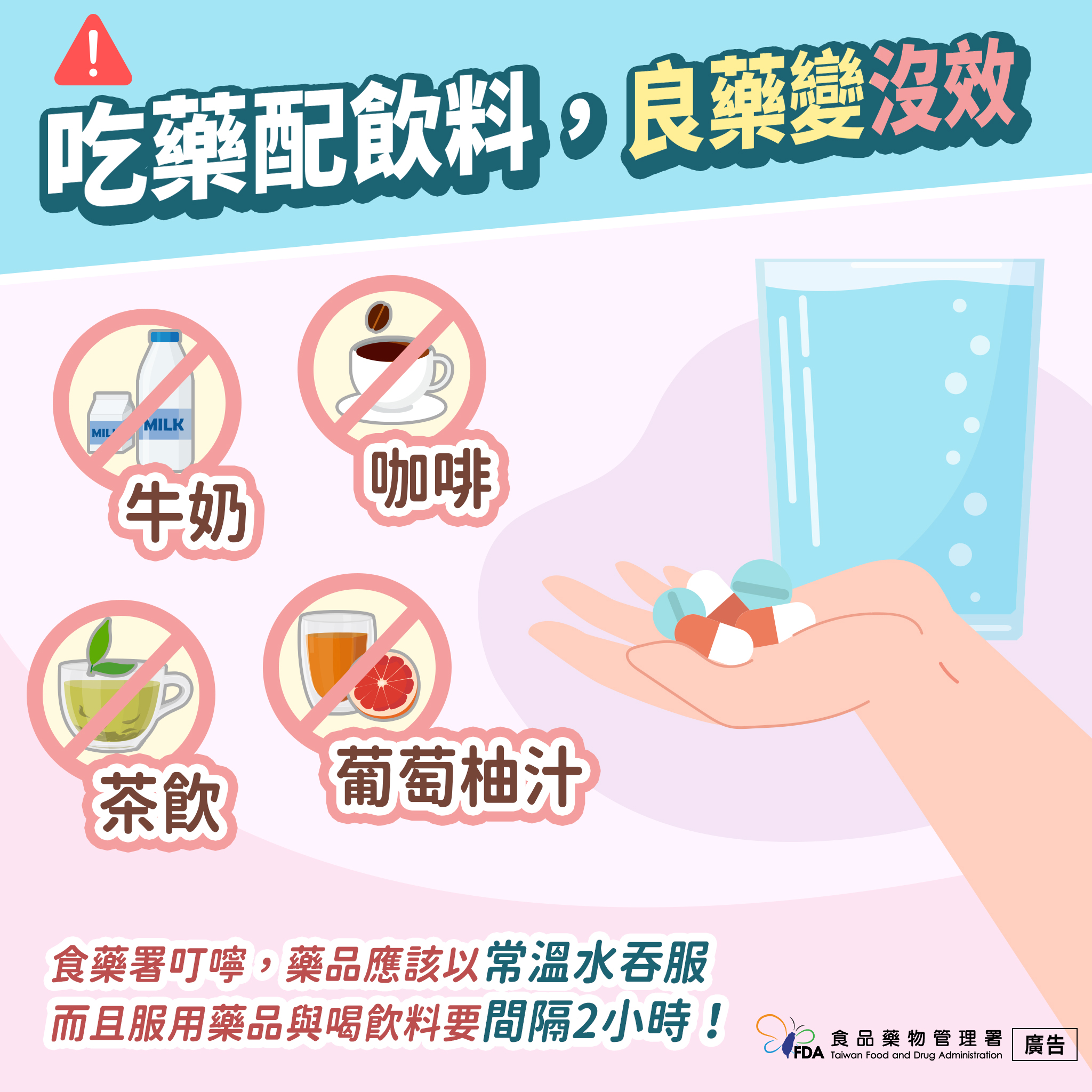 吃藥不可配飲料。(圖/翻攝自食用玩家-食藥署臉書)