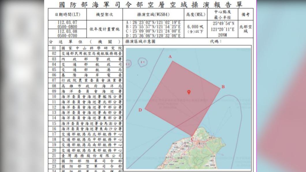 海軍司令部發布「空層空域操演報告單」顯示將在同一時地實施無人機操演。(圖/取自漁業署射擊通報)